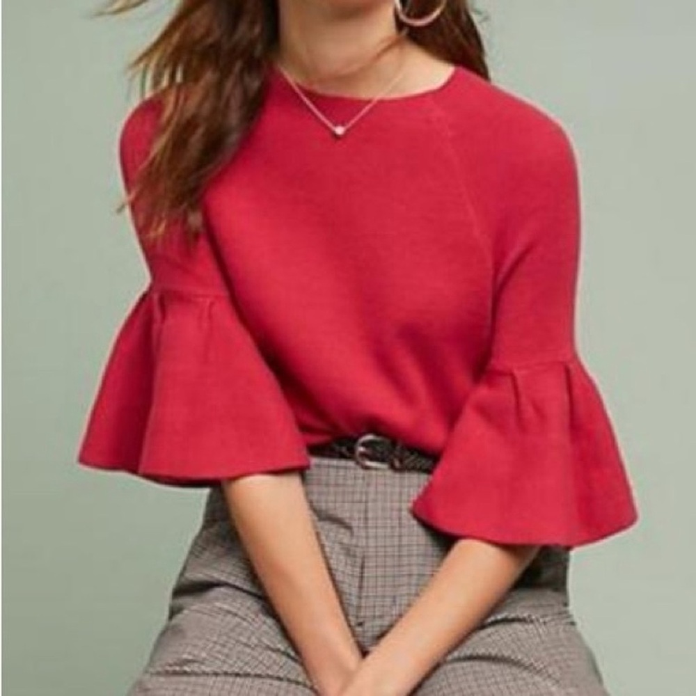 Anthropologie Anais Moth Bell Sleeve Mock Neck Short Sleeve Sweater